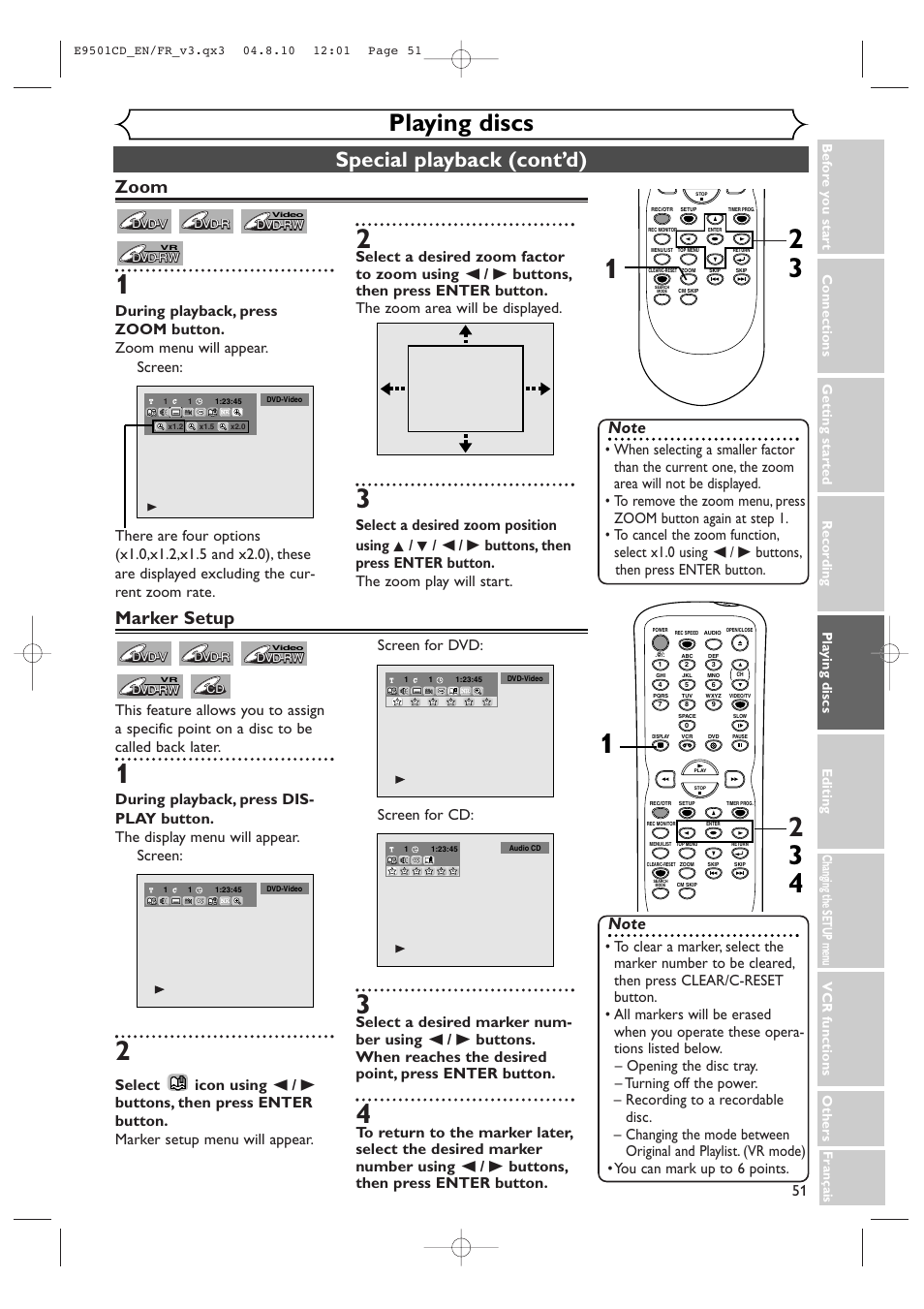 Playing discs, Special playback (cont’d), Zoom | Marker setup | Symphonic CWR20V4 User Manual | Page 51 / 108