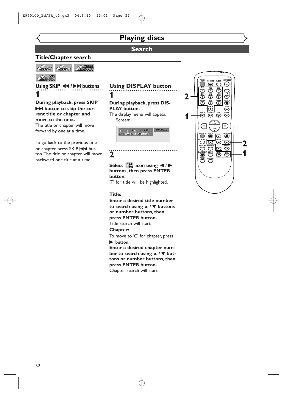 Playing discs, Search, Title/chapter search using skip h / g buttons | Using display button | Symphonic CWR20V4 User Manual | Page 52 / 108