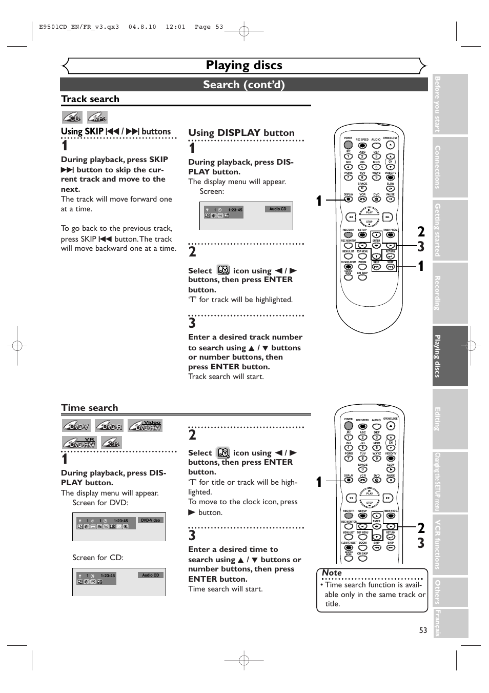 Playing discs, Search (cont’d), Track search using skip h / g buttons | Using display button, Time search | Symphonic CWR20V4 User Manual | Page 53 / 108