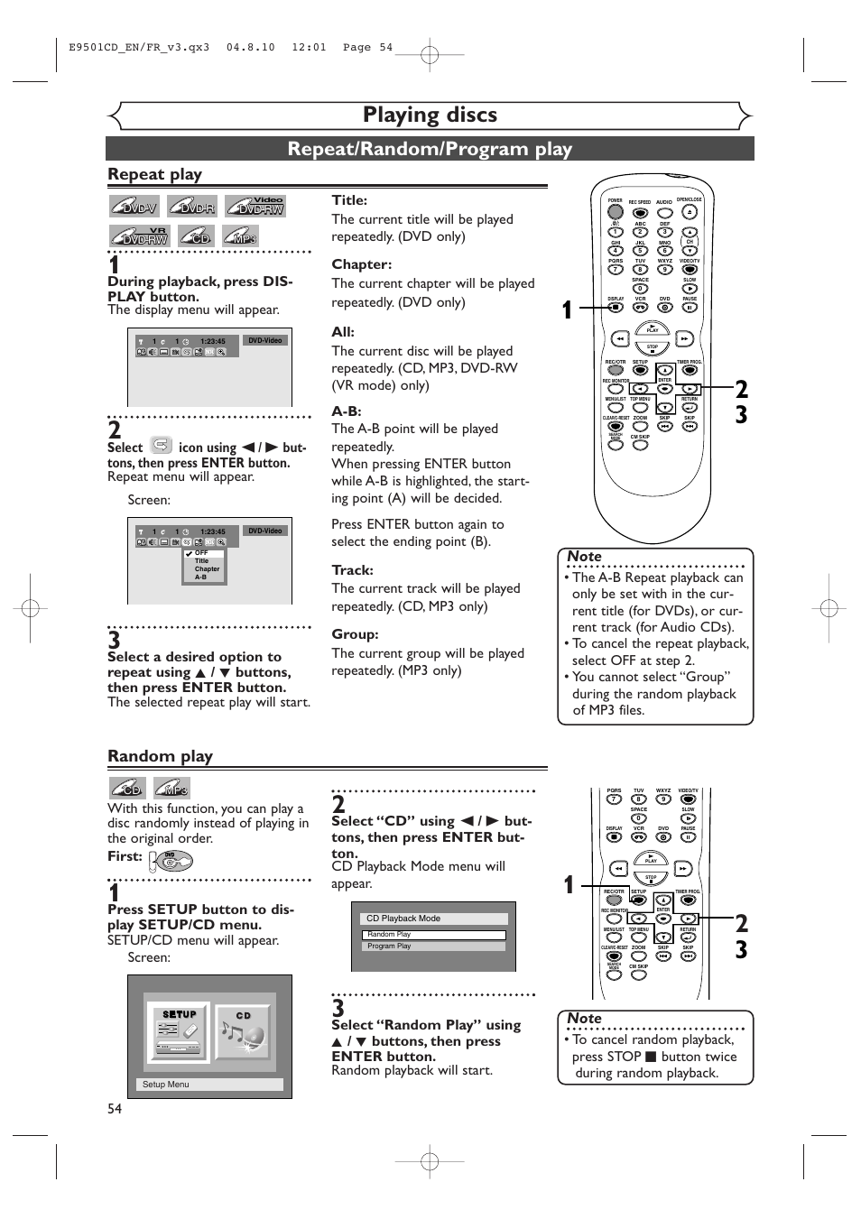 Playing discs, Repeat/random/program play, Repeat play | Random play | Symphonic CWR20V4 User Manual | Page 54 / 108