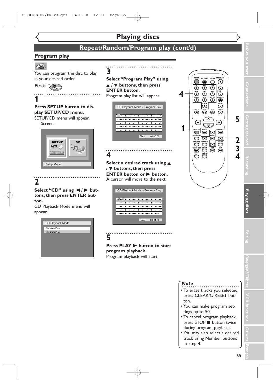 Playing discs, Repeat/random/program play (cont’d), Program play | Symphonic CWR20V4 User Manual | Page 55 / 108