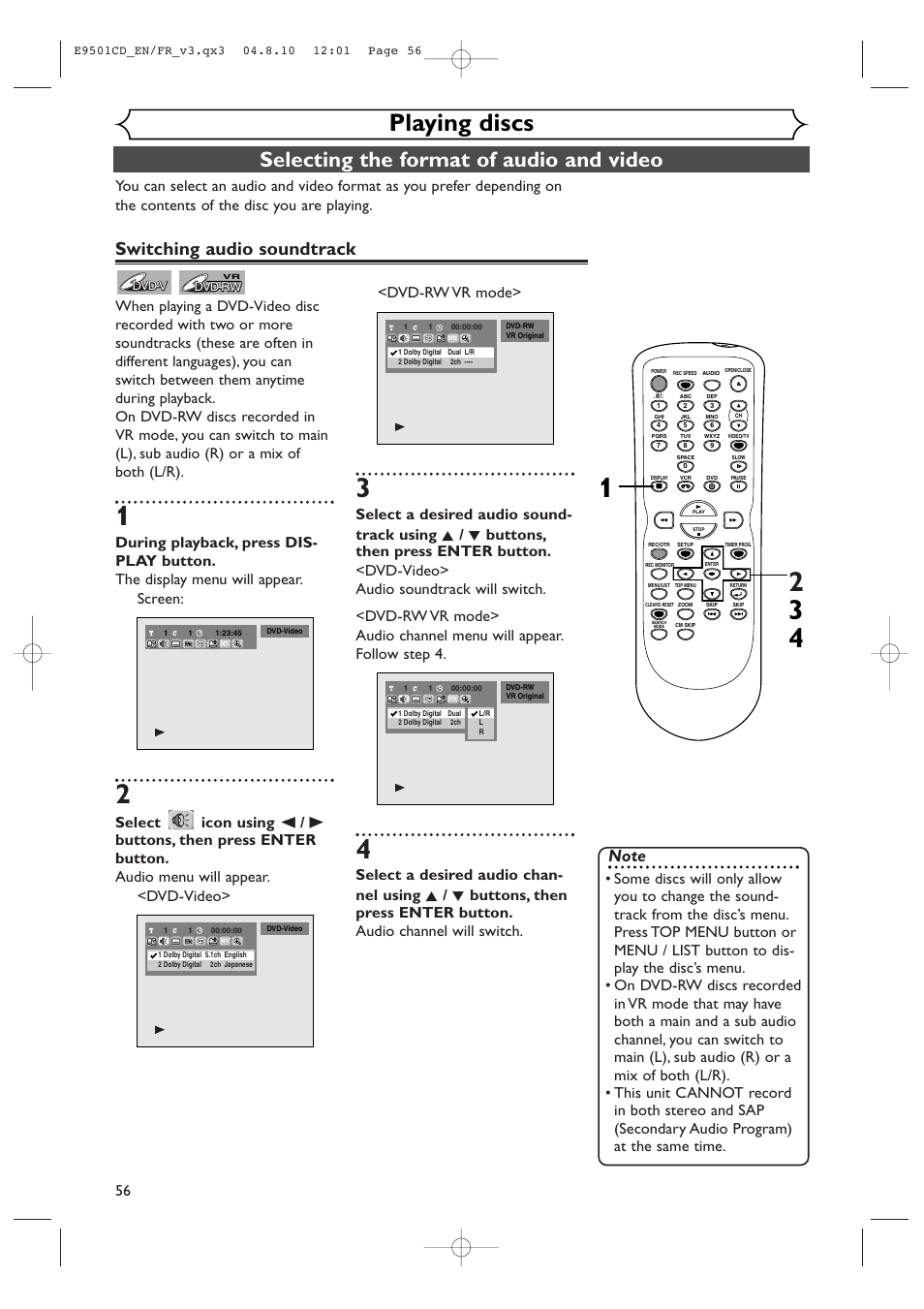 Playing discs, Selecting the format of audio and video, Switching audio soundtrack | Symphonic CWR20V4 User Manual | Page 56 / 108