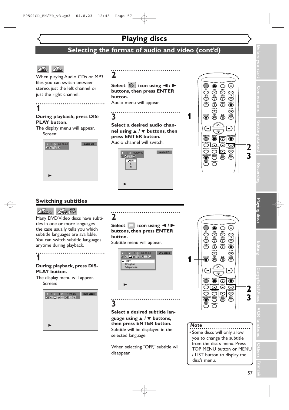 Playing discs, Selecting the format of audio and video (cont’d), Switching subtitles | Symphonic CWR20V4 User Manual | Page 57 / 108