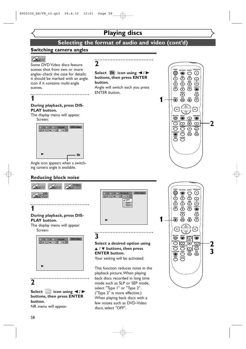 Playing discs, Selecting the format of audio and video (cont’d), Switching camera angles | Reducing block noise | Symphonic CWR20V4 User Manual | Page 58 / 108