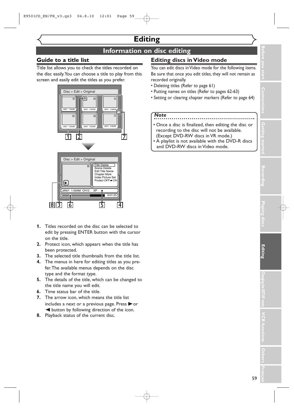 Editing, Information on disc editing, Guide to a title list | Editing discs in video mode | Symphonic CWR20V4 User Manual | Page 59 / 108