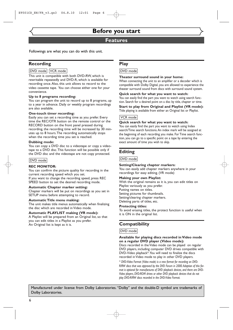 Before you start, Features, Recording | Play, Editing, Compatibility | Symphonic CWR20V4 User Manual | Page 6 / 108