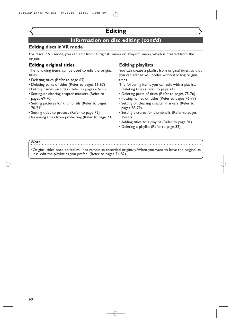 Editing, Information on disc editing (cont’d) | Symphonic CWR20V4 User Manual | Page 60 / 108