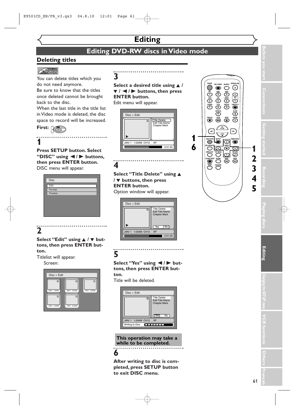 Editing, Editing dvd-rw discs in video mode, Deleting titles | Symphonic CWR20V4 User Manual | Page 61 / 108