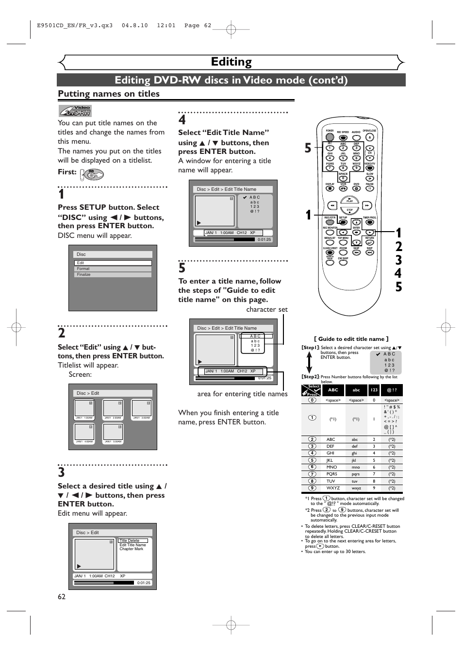 Editing, Editing dvd-rw discs in video mode (cont’d), Putting names on titles | Symphonic CWR20V4 User Manual | Page 62 / 108