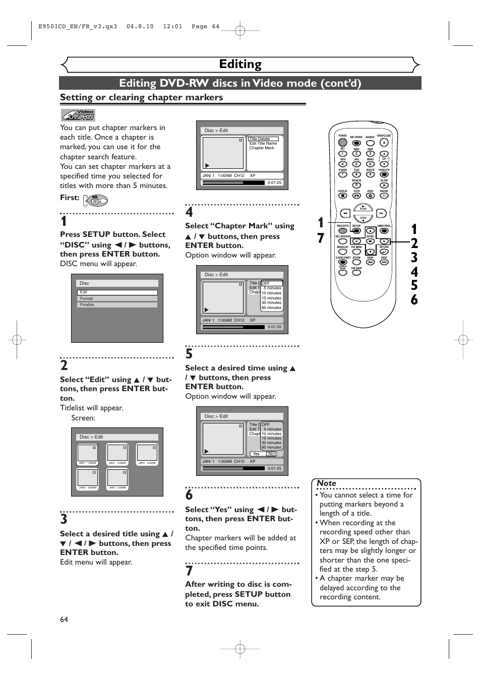 Editing, Editing dvd-rw discs in video mode (cont’d), Setting or clearing chapter markers | Symphonic CWR20V4 User Manual | Page 64 / 108