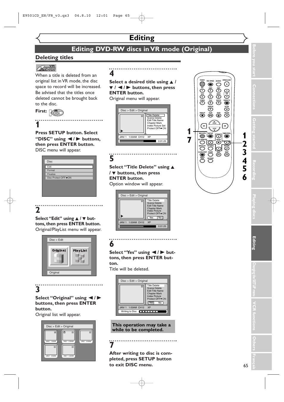 Editing, Editing dvd-rw discs in vr mode (original), Deleting titles | Symphonic CWR20V4 User Manual | Page 65 / 108