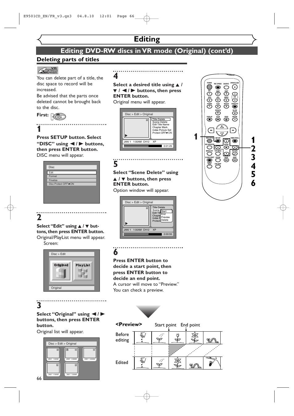 Editing, Deleting parts of titles, Preview | Before editing, Edited start point end point | Symphonic CWR20V4 User Manual | Page 66 / 108