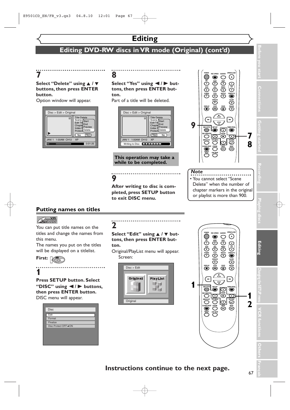 Editing, Instructions continue to the next page, Putting names on titles | Français | Symphonic CWR20V4 User Manual | Page 67 / 108