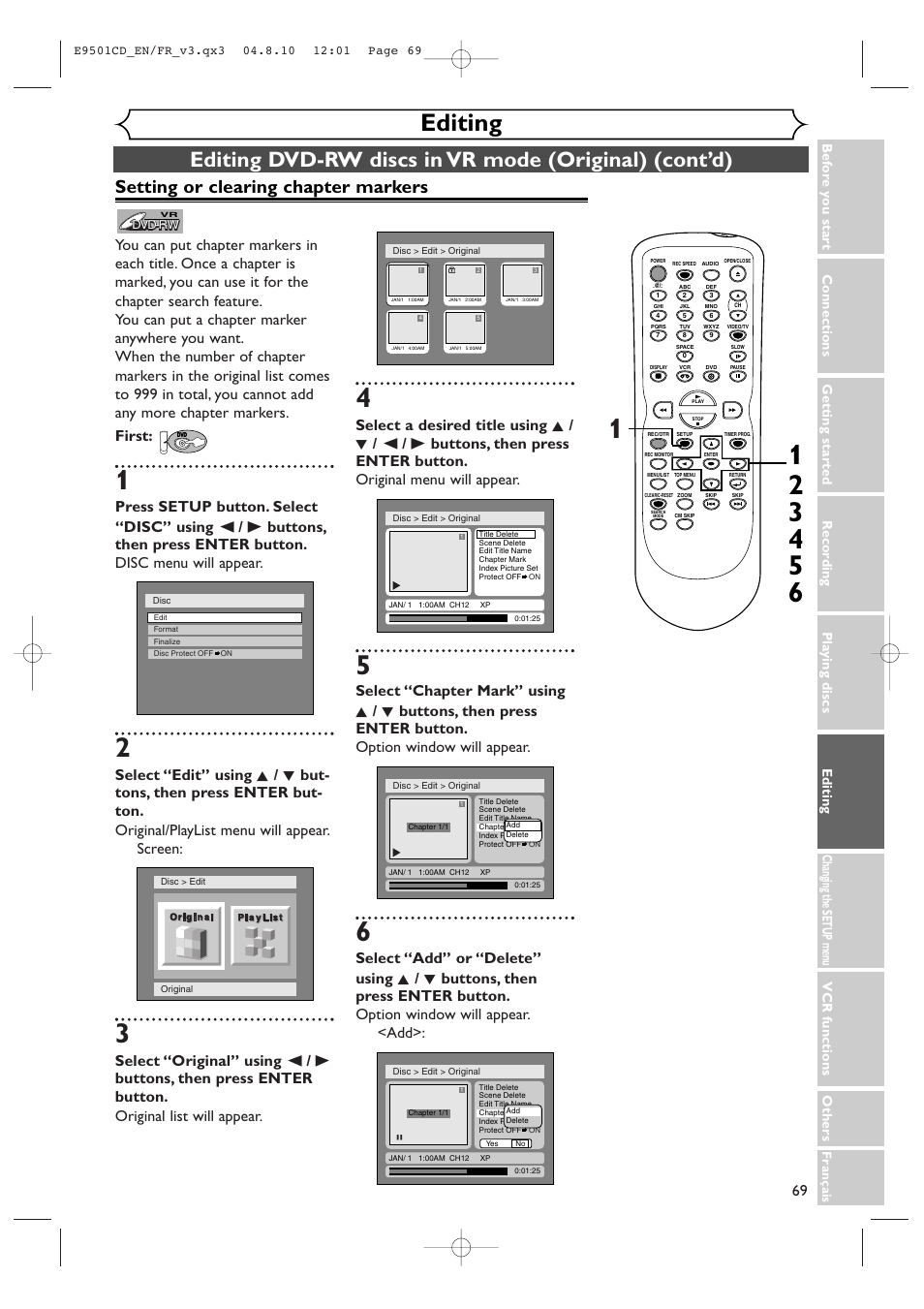 Editing, Setting or clearing chapter markers | Symphonic CWR20V4 User Manual | Page 69 / 108