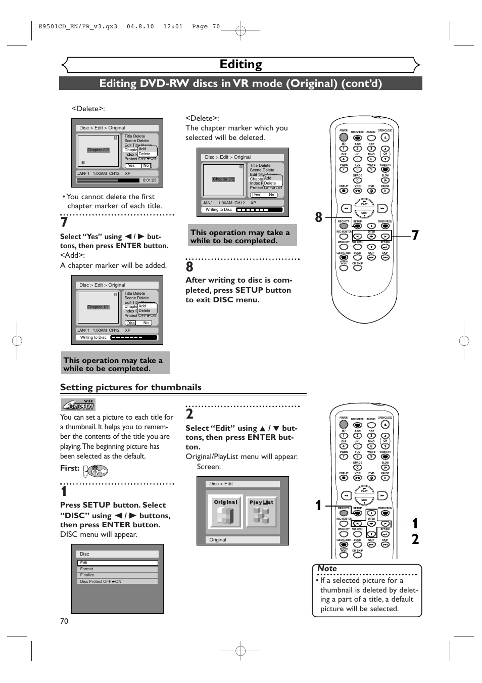 Editing, Setting pictures for thumbnails, This operation may take a while to be completed | Symphonic CWR20V4 User Manual | Page 70 / 108