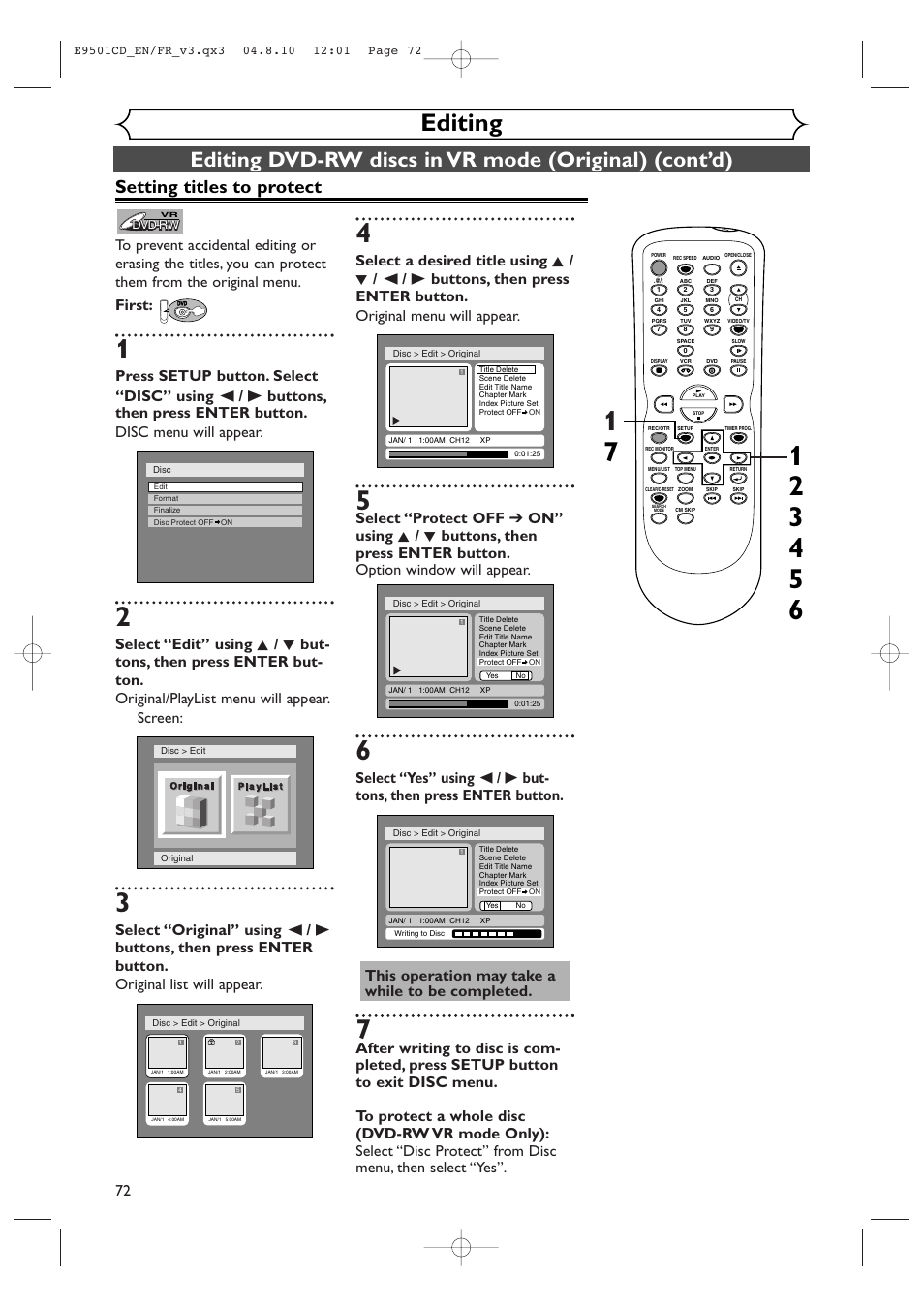 Editing, Setting titles to protect, First | Symphonic CWR20V4 User Manual | Page 72 / 108