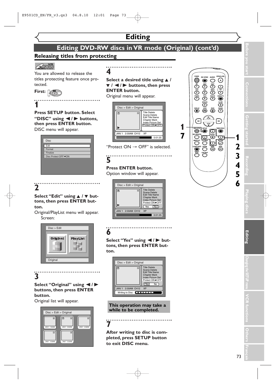 Editing, Releasing titles from protecting, First | Press enter button. option window will appear | Symphonic CWR20V4 User Manual | Page 73 / 108