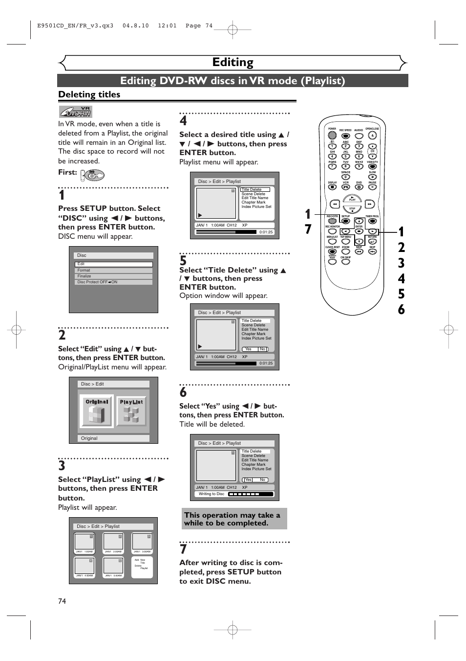 Editing, Editing dvd-rw discs in vr mode (playlist), Deleting titles | First | Symphonic CWR20V4 User Manual | Page 74 / 108