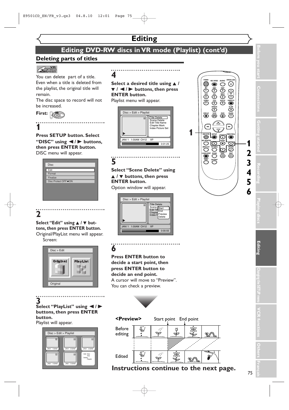 Editing, Instructions continue to the next page, Deleting parts of titles | Preview, Before editing | Symphonic CWR20V4 User Manual | Page 75 / 108