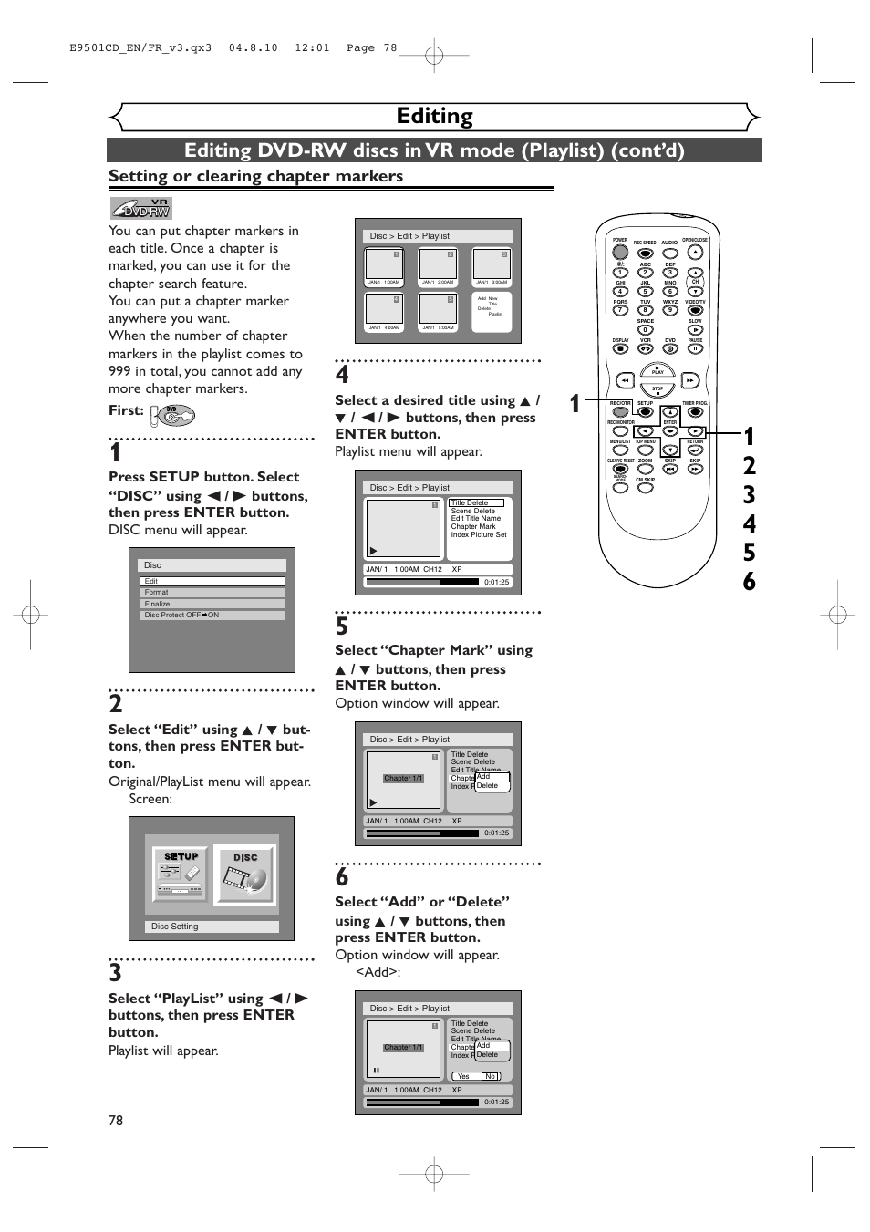 Editing, Setting or clearing chapter markers | Symphonic CWR20V4 User Manual | Page 78 / 108