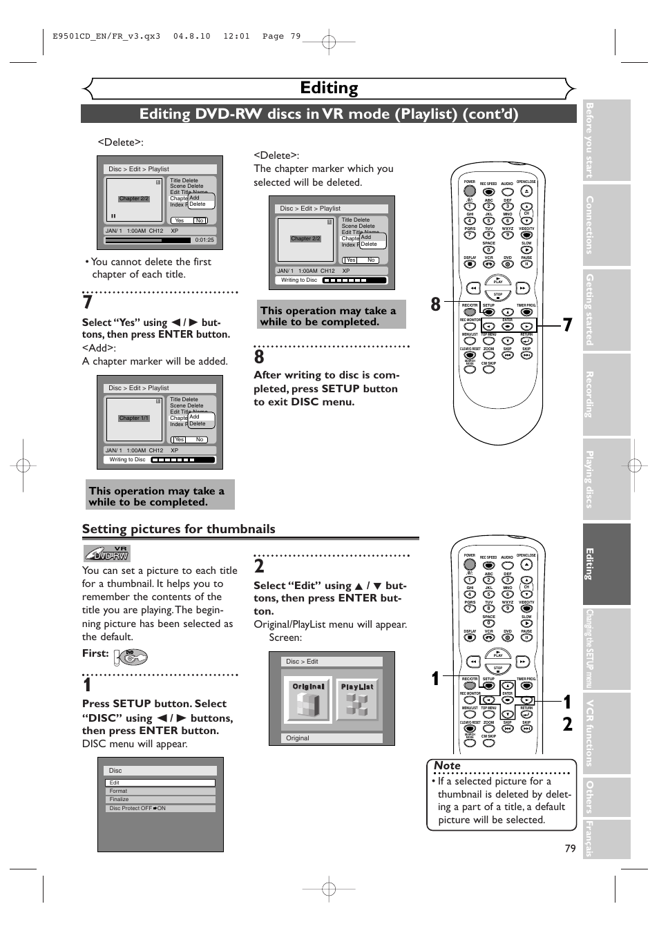 Editing, Setting pictures for thumbnails, This operation may take a while to be completed | Français | Symphonic CWR20V4 User Manual | Page 79 / 108