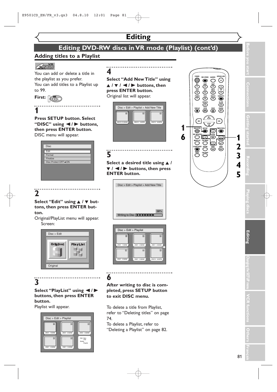 Editing, Adding titles to a playlist | Symphonic CWR20V4 User Manual | Page 81 / 108