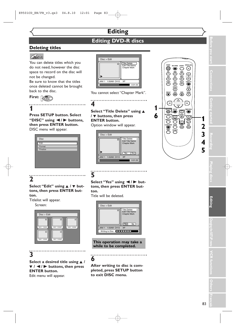 Editing, Editing dvd-r discs, Deleting titles | Symphonic CWR20V4 User Manual | Page 83 / 108