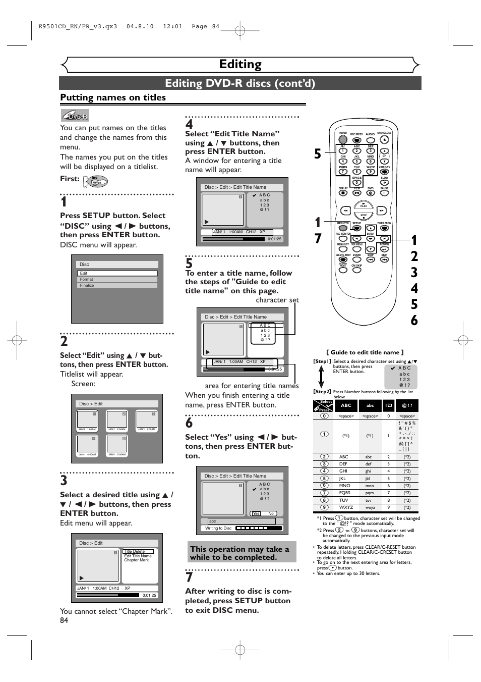 Editing, Editing dvd-r discs (cont’d), Putting names on titles | Symphonic CWR20V4 User Manual | Page 84 / 108