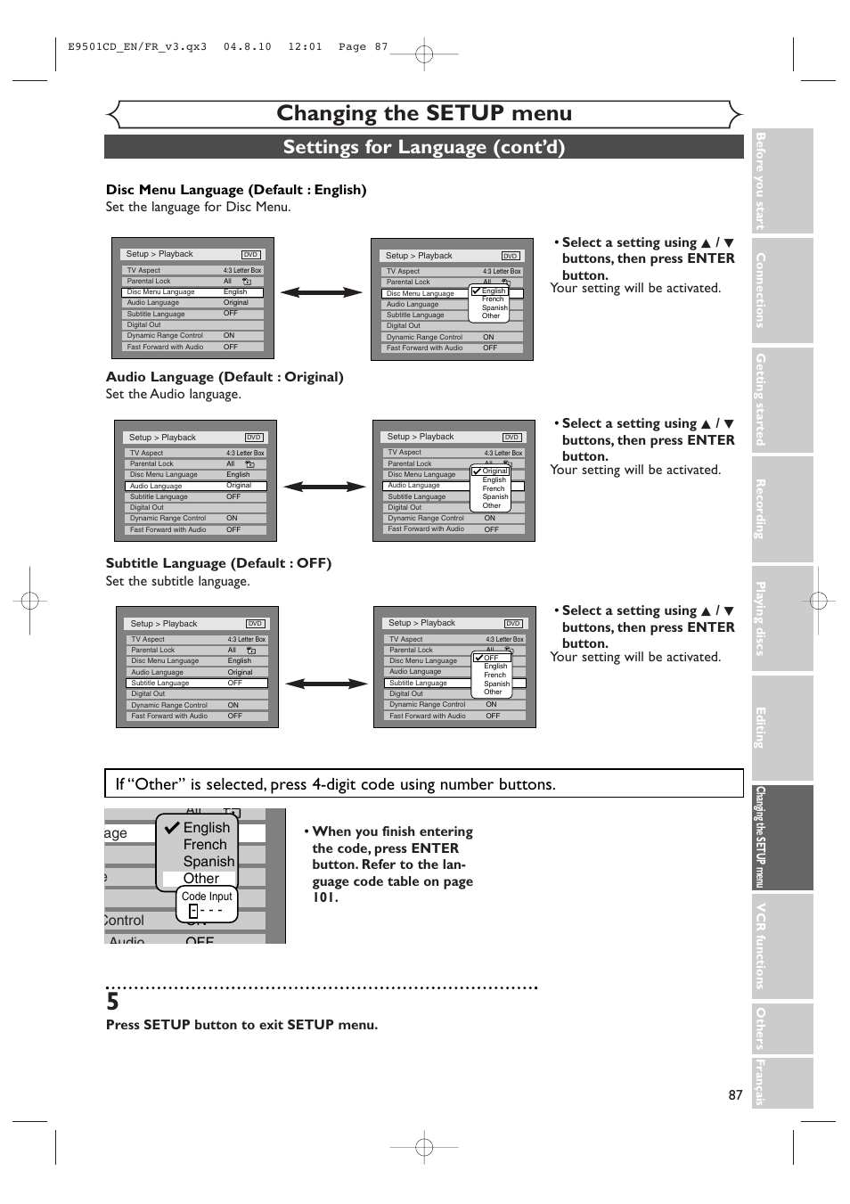 Changing the setup menu, Settings for language (cont’d), Press setup button to exit setup menu | Symphonic CWR20V4 User Manual | Page 87 / 108