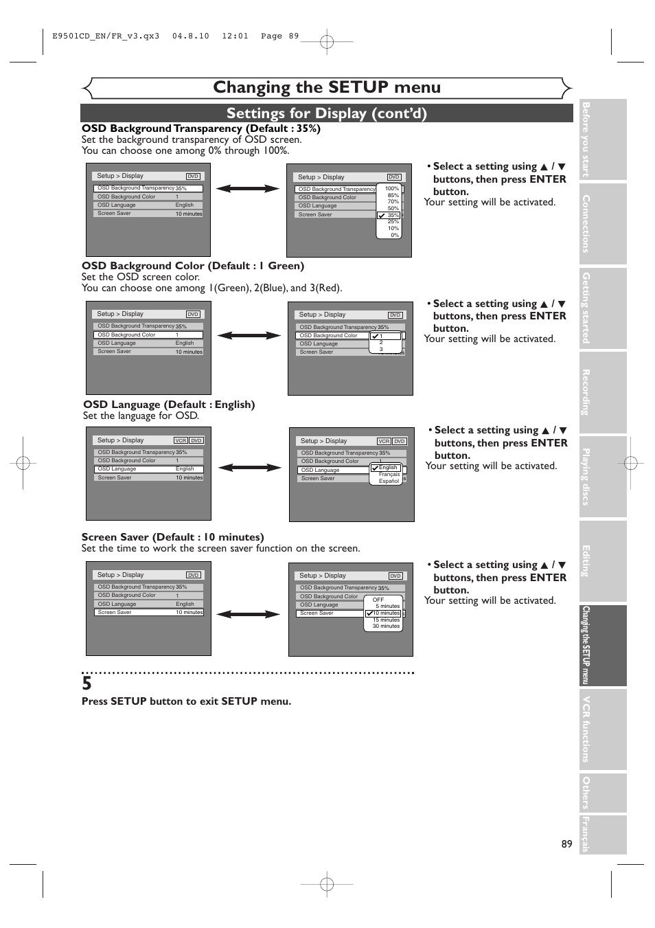 Changing the setup menu, Settings for display (cont’d), Press setup button to exit setup menu | Symphonic CWR20V4 User Manual | Page 89 / 108