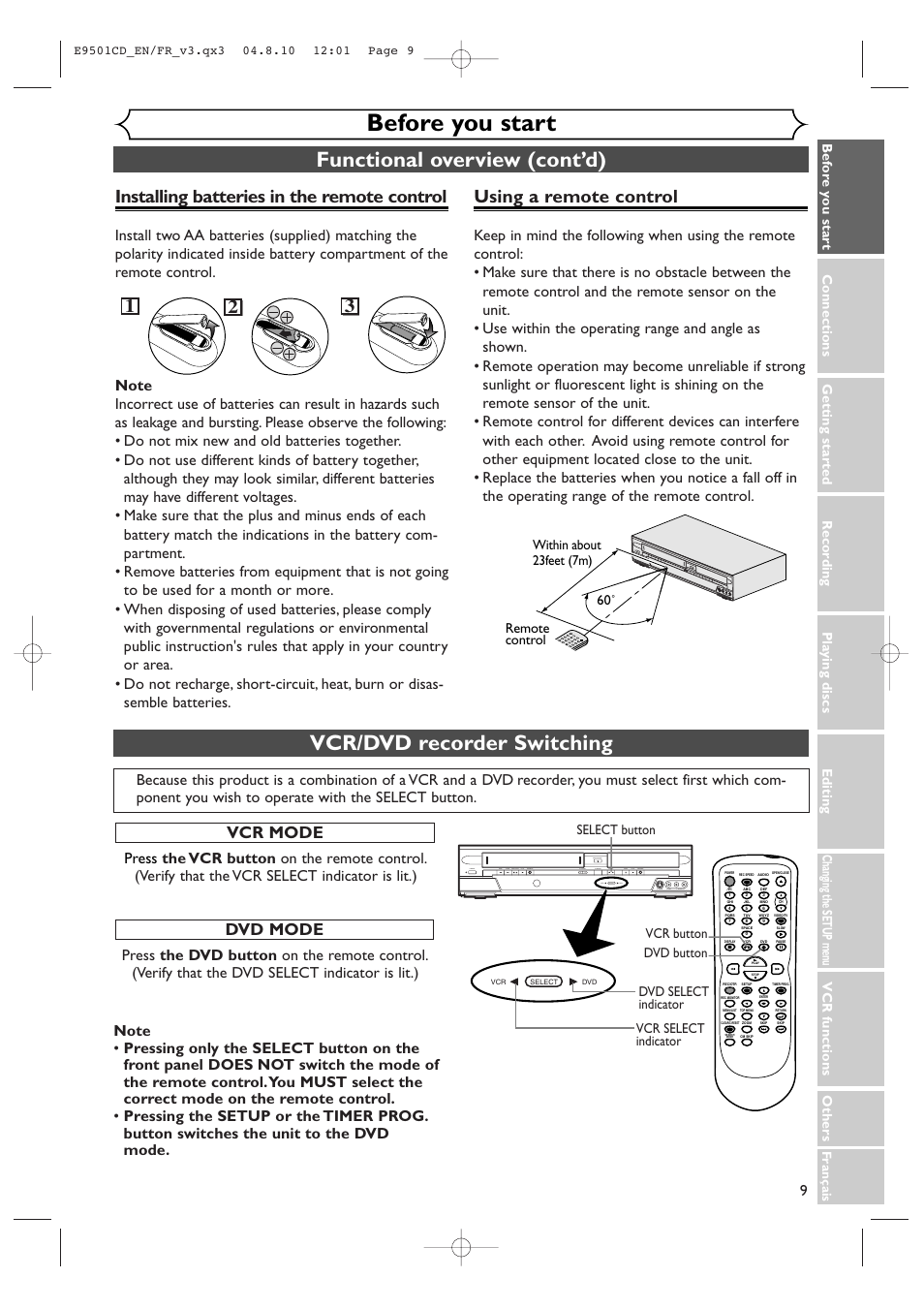 Before you start, Functional overview (cont’d), Vcr/dvd recorder switching | Using a remote control, Installing batteries in the remote control, Vcr mode, Dvd mode | Symphonic CWR20V4 User Manual | Page 9 / 108