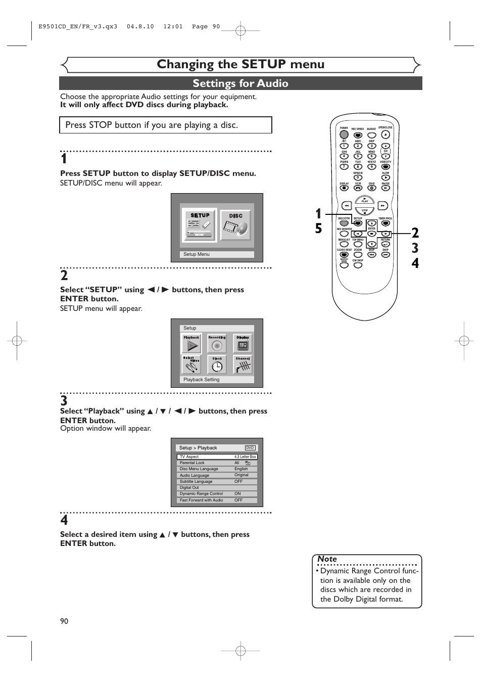 Changing the setup menu, Settings for audio, Press stop button if you are playing a disc | Symphonic CWR20V4 User Manual | Page 90 / 108