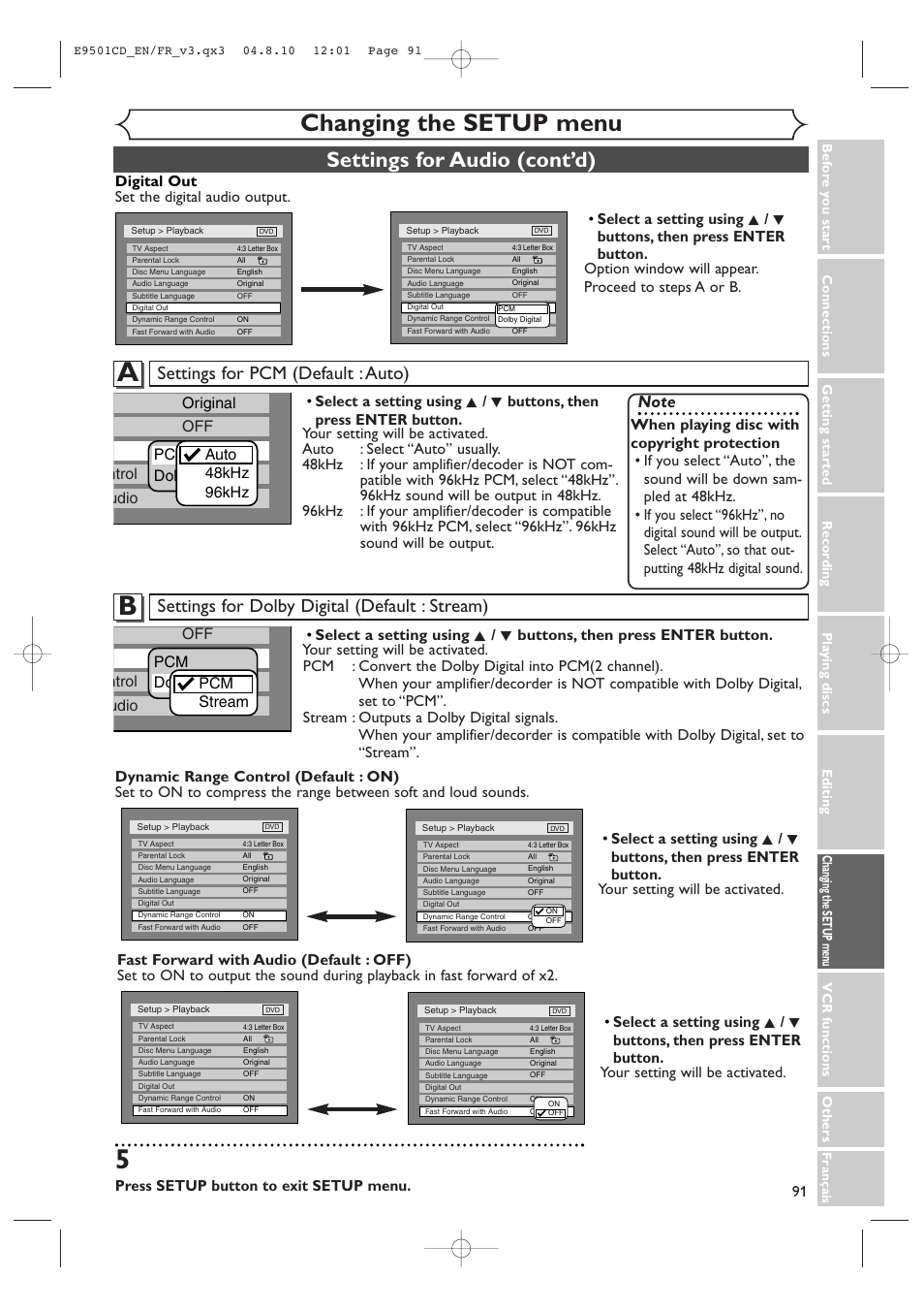 Changing the setup menu, Settings for audio (cont’d), Settings for pcm (default : auto) | Settings for dolby digital (default : stream) | Symphonic CWR20V4 User Manual | Page 91 / 108