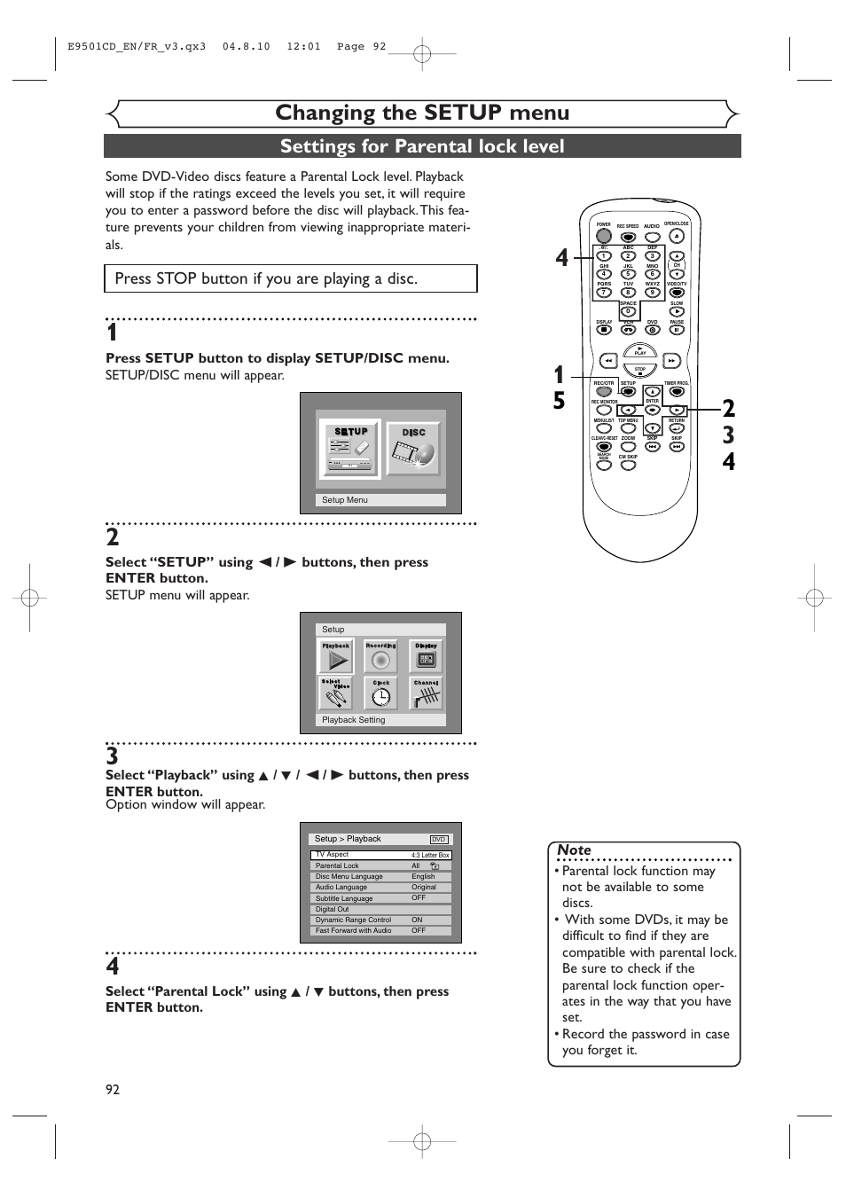 Changing the setup menu, Settings for parental lock level, Press stop button if you are playing a disc | Symphonic CWR20V4 User Manual | Page 92 / 108