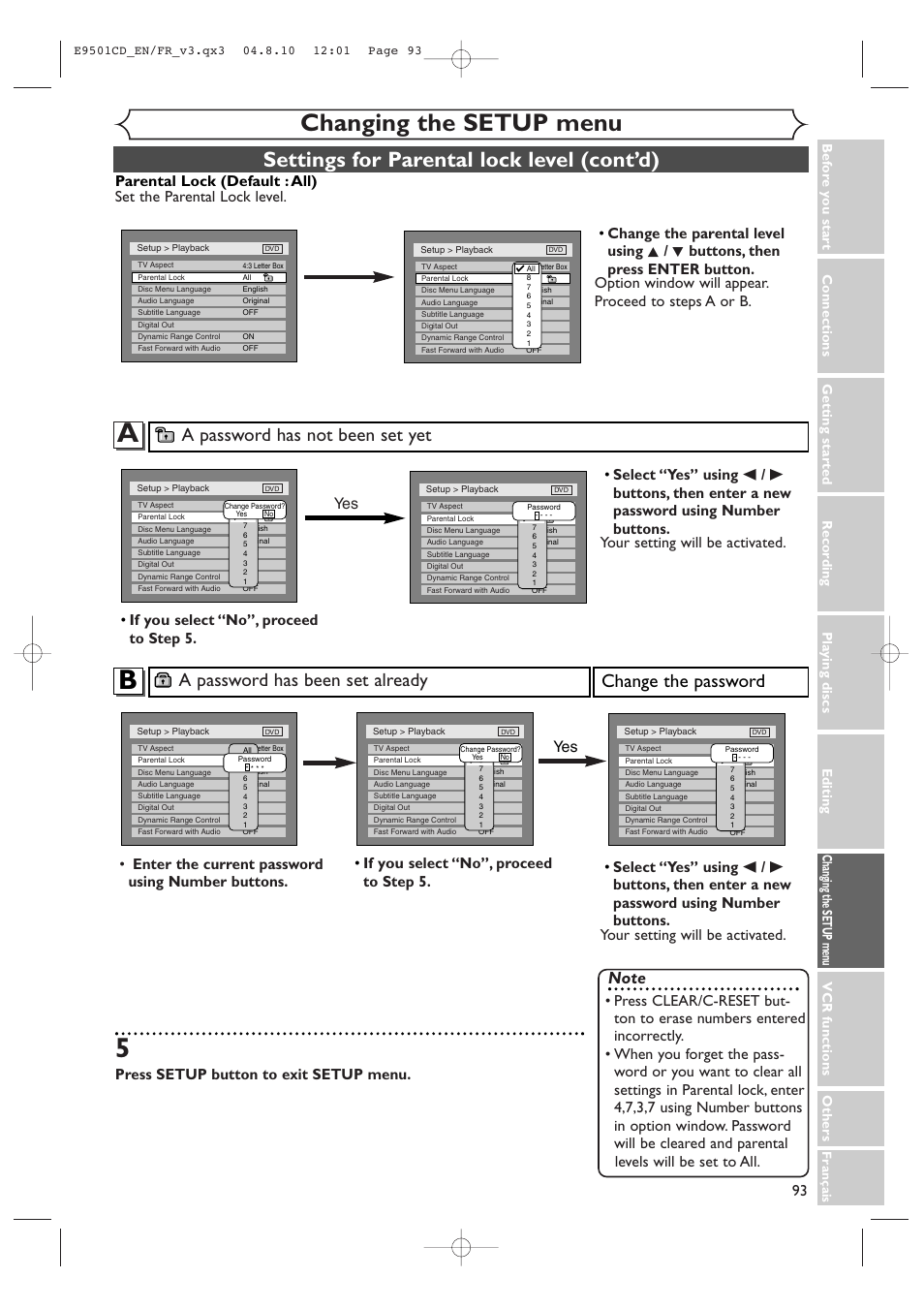 Changing the setup menu, Settings for parental lock level (cont’d), A password has been set already | Change the password, A password has not been set yet, Press setup button to exit setup menu, If you select “no”, proceed to step 5. yes yes | Symphonic CWR20V4 User Manual | Page 93 / 108