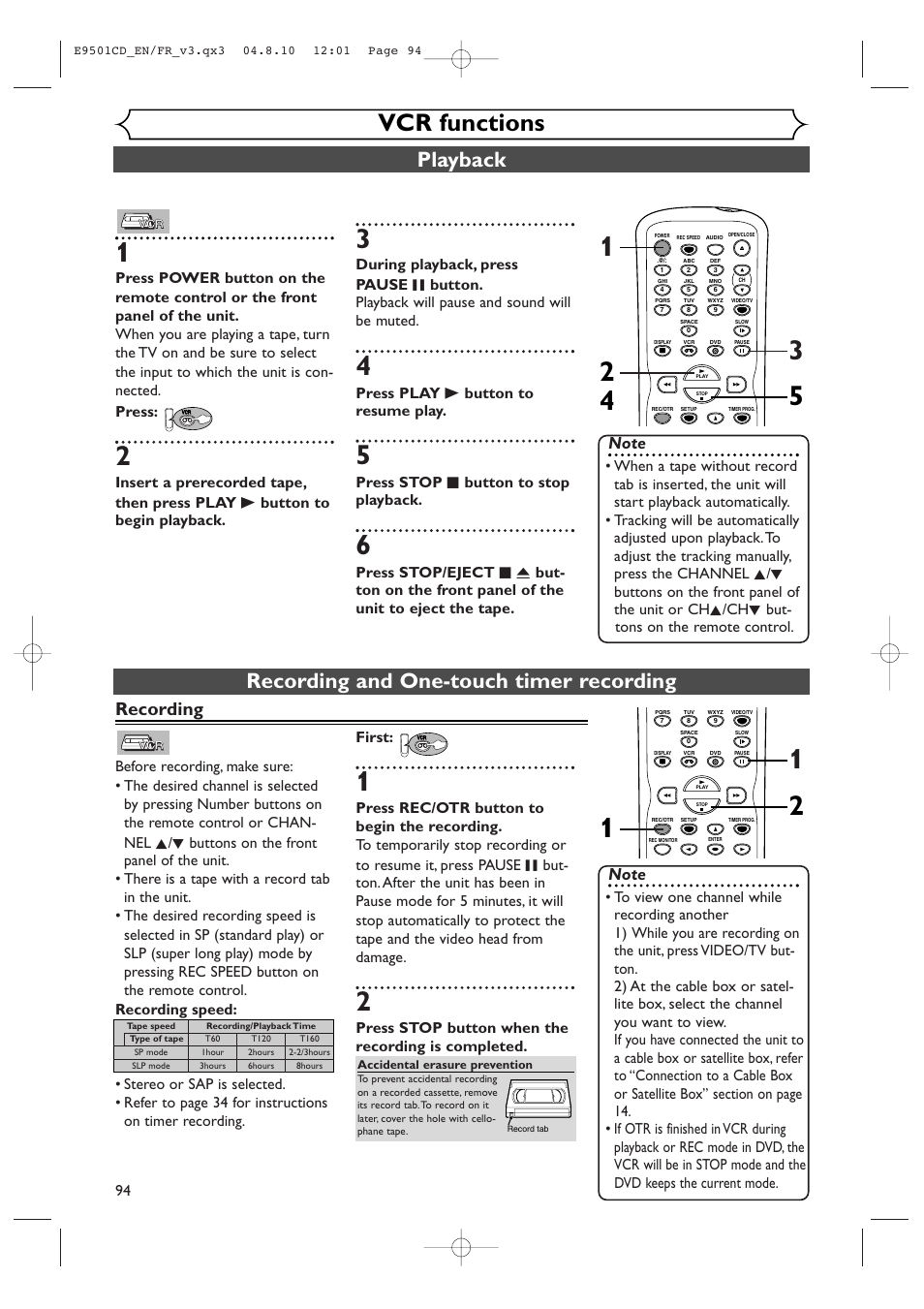 Vcr functions, Playback, Recording and one-touch timer recording | Recording, Press play b button to resume play, Press stop c button to stop playback, Press stop button when the recording is completed | Symphonic CWR20V4 User Manual | Page 94 / 108