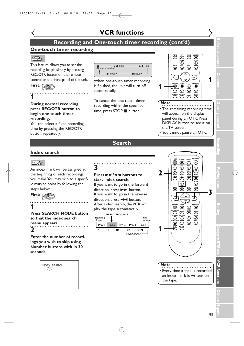 Vcr functions, Recording and one-touch timer recording (cont’d), Search | One-touch timer recording, Index search | Symphonic CWR20V4 User Manual | Page 95 / 108