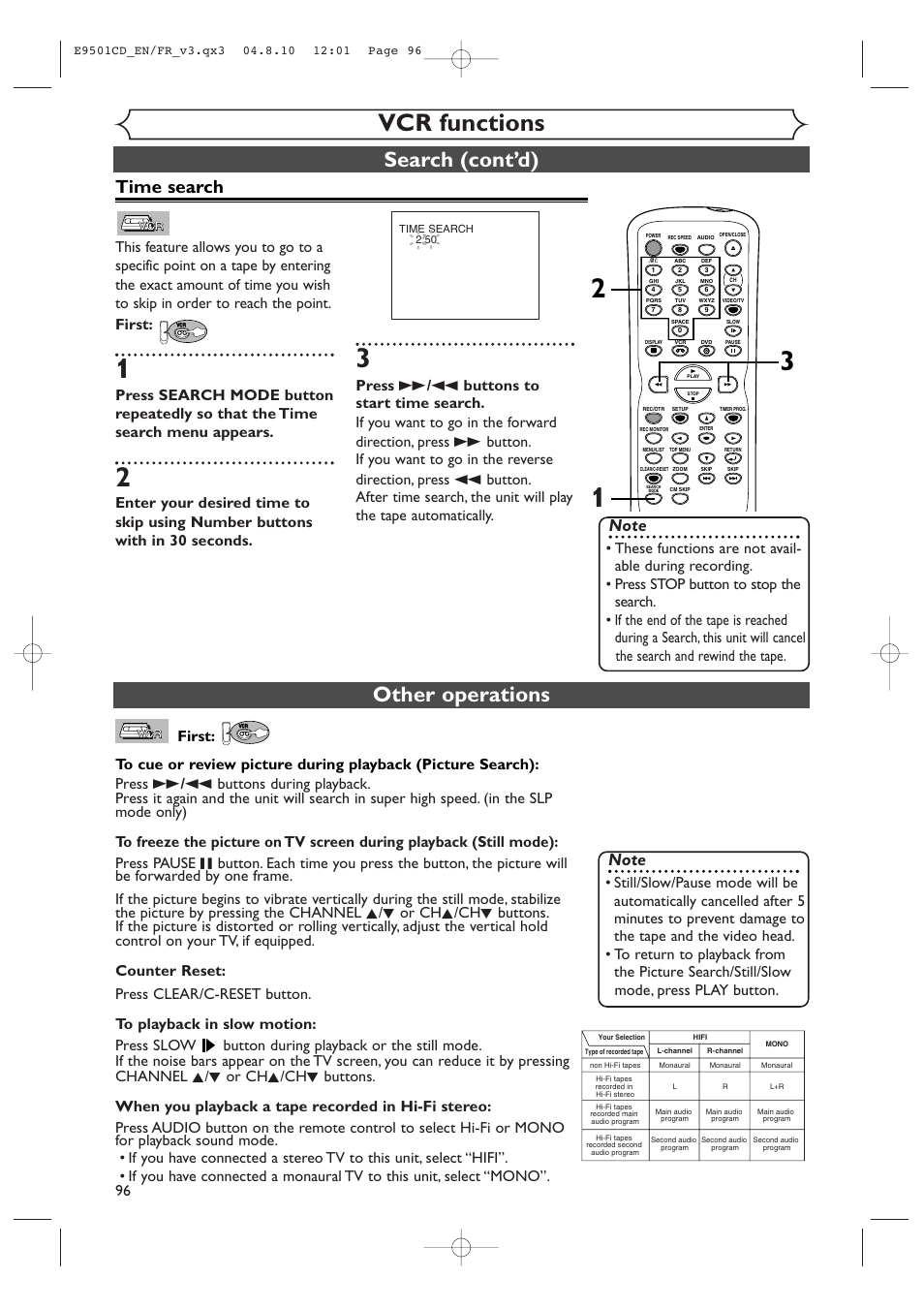 Vcr functions, Other operations, Search (cont’d) | Time search | Symphonic CWR20V4 User Manual | Page 96 / 108