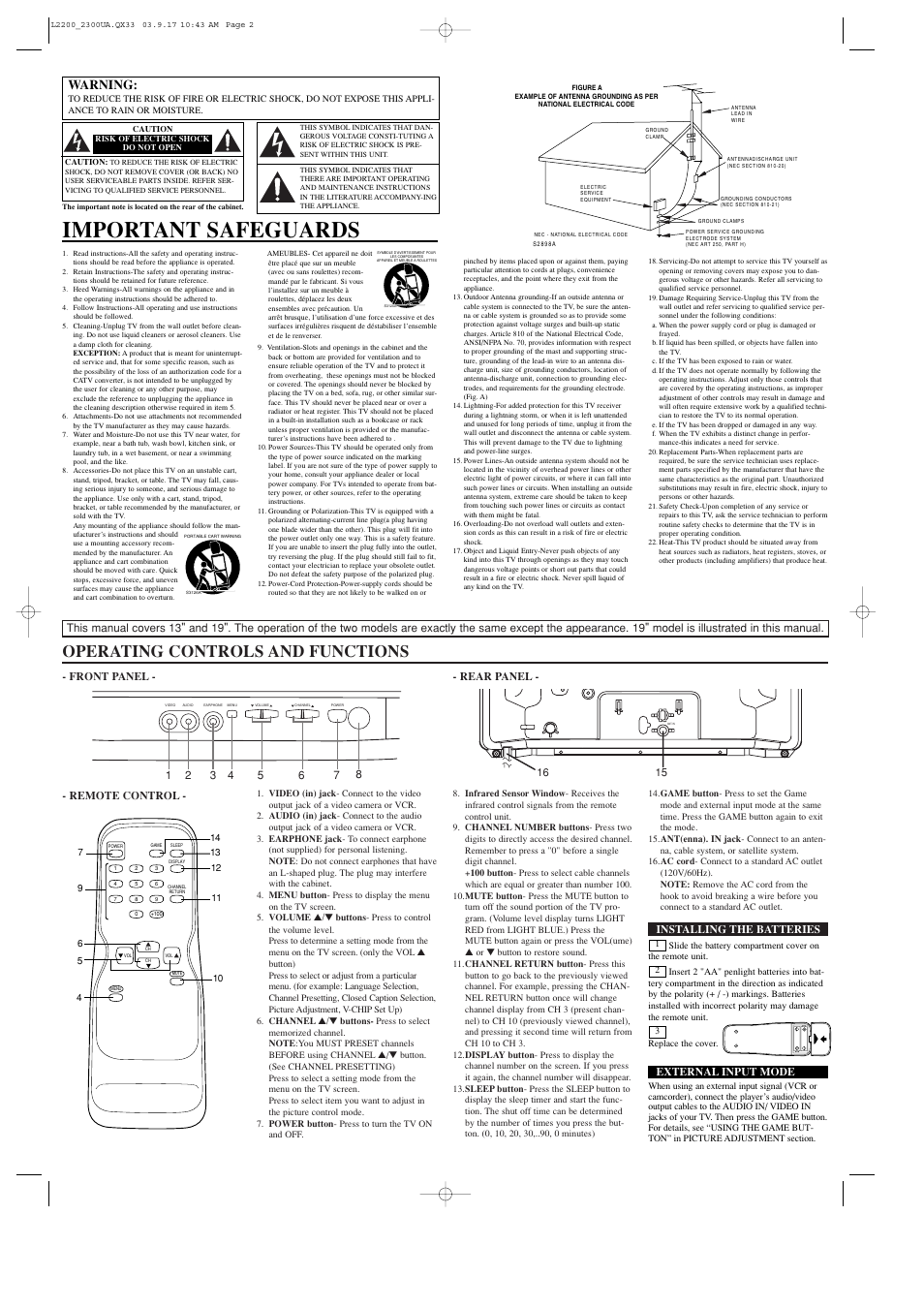 Important safeguards, Operating controls and functions, Warning | Front panel - - rear panel, Remote control, Installing the batteries, External input mode | Symphonic 6413TE User Manual | Page 2 / 4