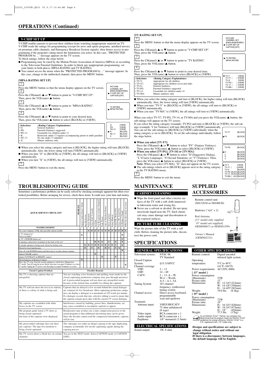 Specifications operations (continued), Maintenance, Supplied accessories troubleshooting guide | Owner’s manual | Symphonic 6413TE User Manual | Page 4 / 4