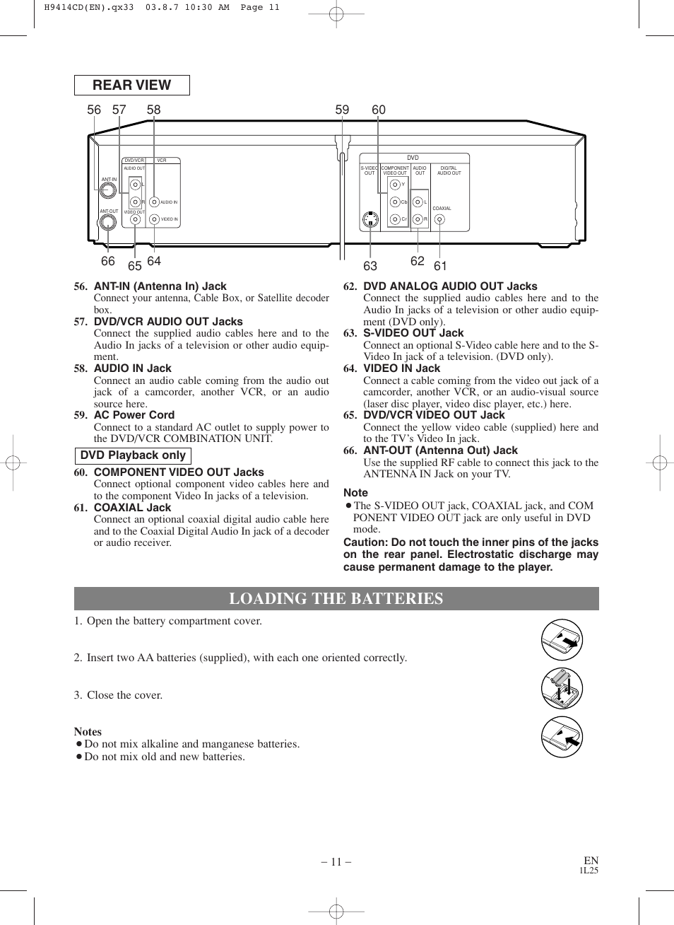 Loading the batteries, Rear view, Do not mix alkaline and manganese batteries | Do not mix old and new batteries, Dvd playback only | Symphonic CWF803 User Manual | Page 11 / 36