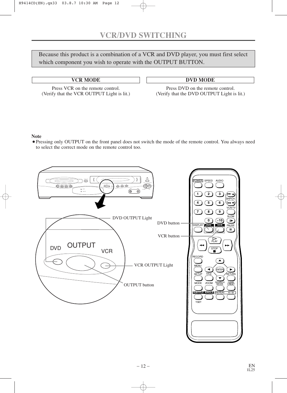 Vcr/dvd switching, Output, Vcr mode | Dvd mode, Dvd vcr, Dvd vcr timer rec | Symphonic CWF803 User Manual | Page 12 / 36