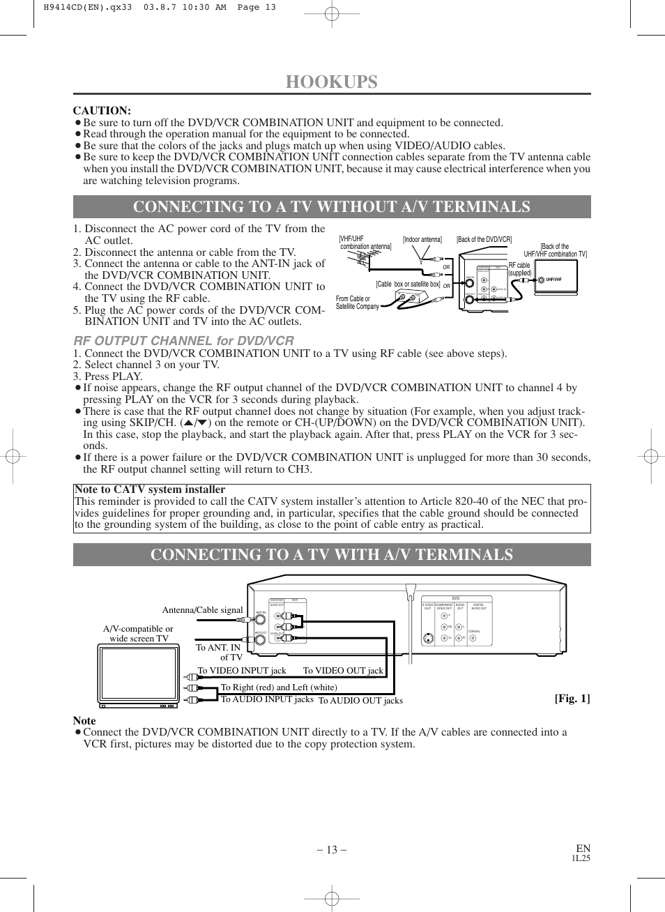 Hookups, Connecting to a tv with a/v terminals, Connecting to a tv without a/v terminals | Rf output channel for dvd/vcr, Caution | Symphonic CWF803 User Manual | Page 13 / 36