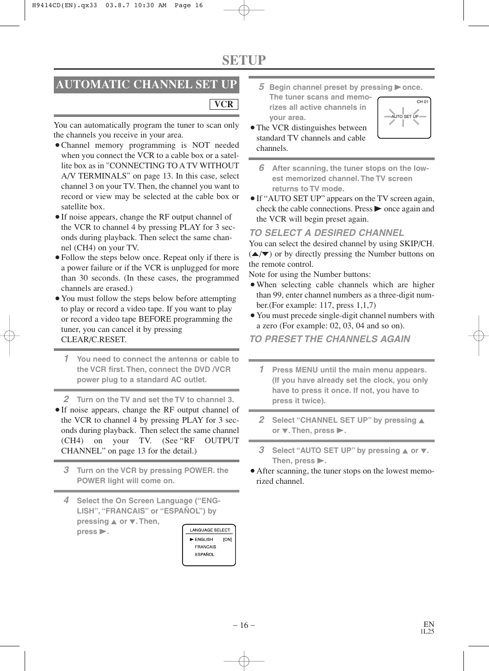 Setup, Automatic channel set up | Symphonic CWF803 User Manual | Page 16 / 36