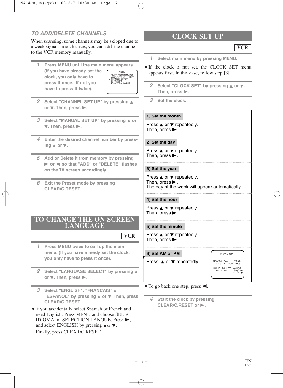 Clock set up, Vcr to add/delete channels | Symphonic CWF803 User Manual | Page 17 / 36