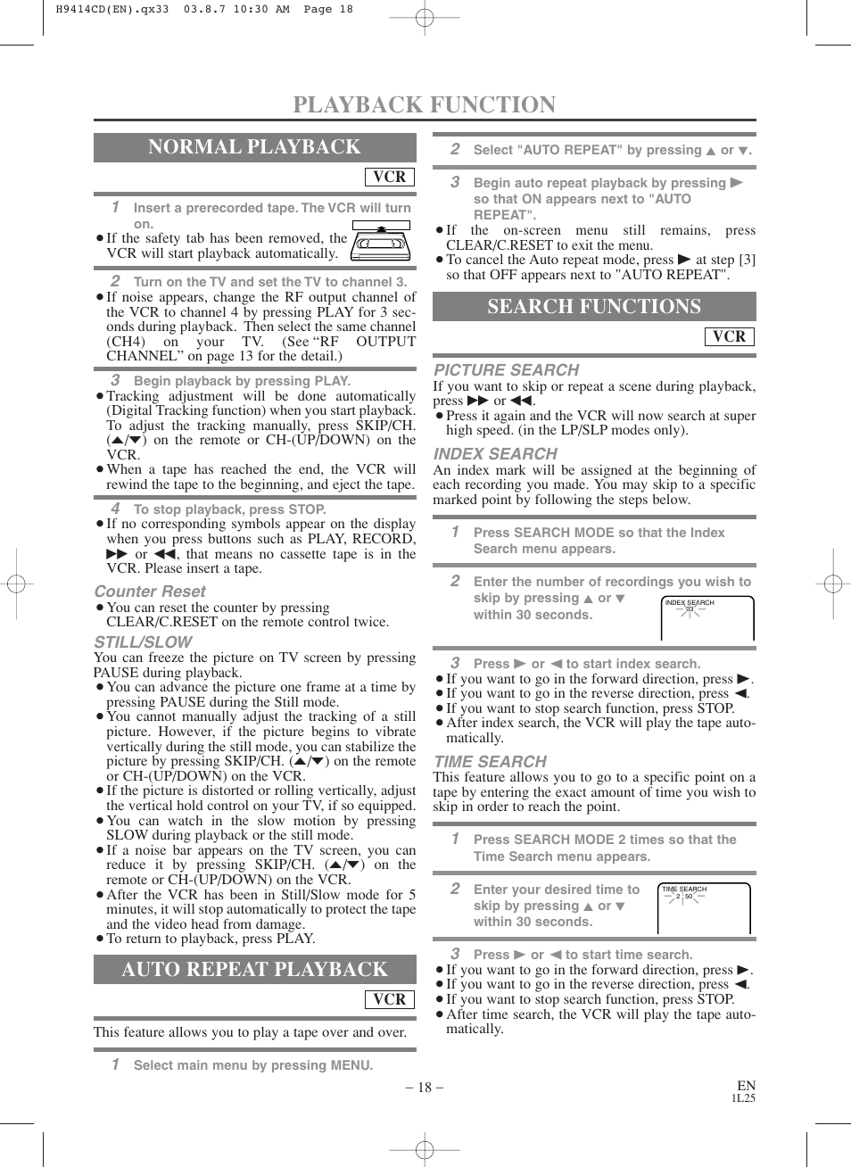 Playback function, Normal playback, Auto repeat playback | Search functions | Symphonic CWF803 User Manual | Page 18 / 36