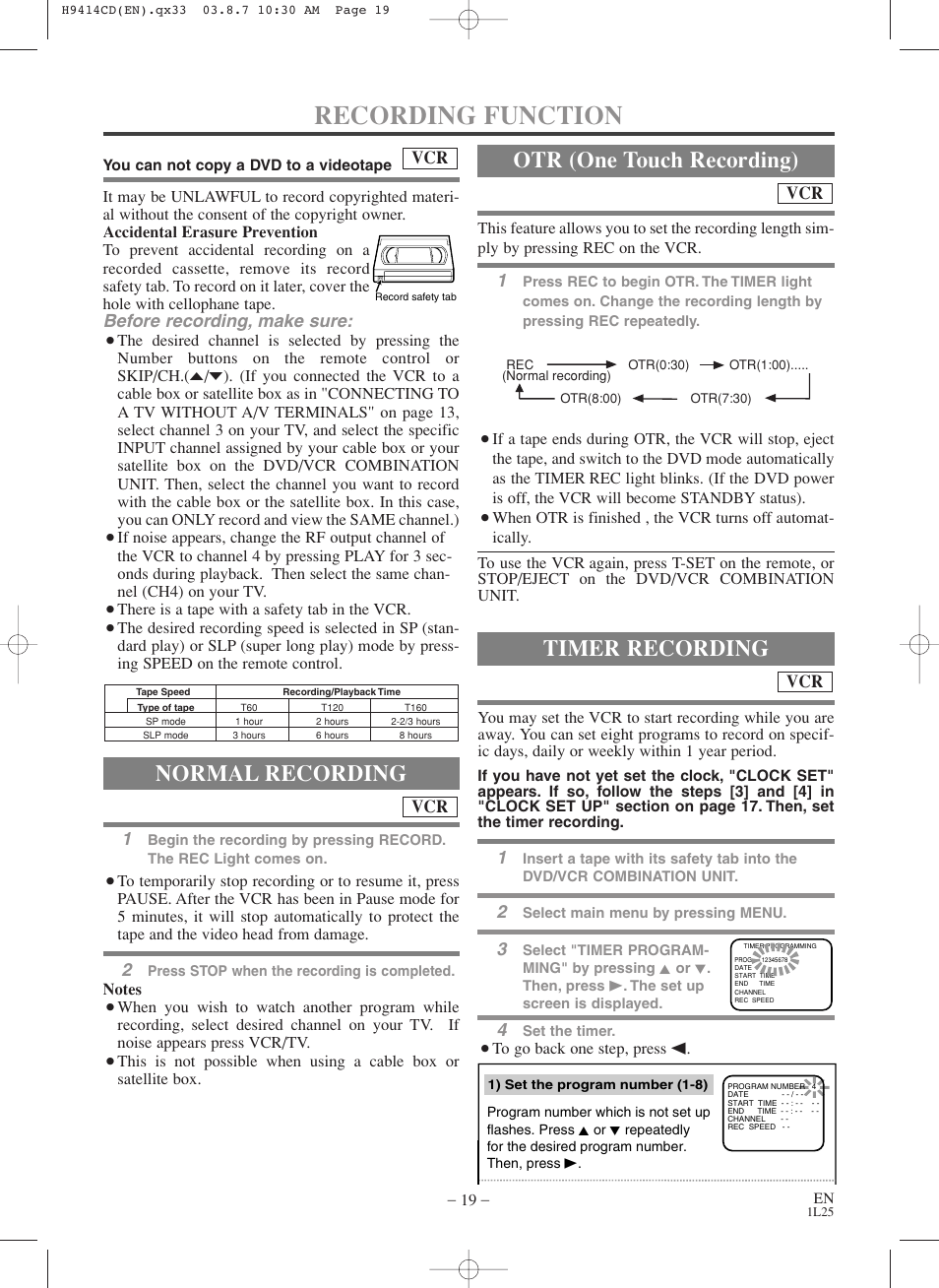 Recording function, Normal recording, Otr (one touch recording) | Timer recording, Before recording, make sure | Symphonic CWF803 User Manual | Page 19 / 36