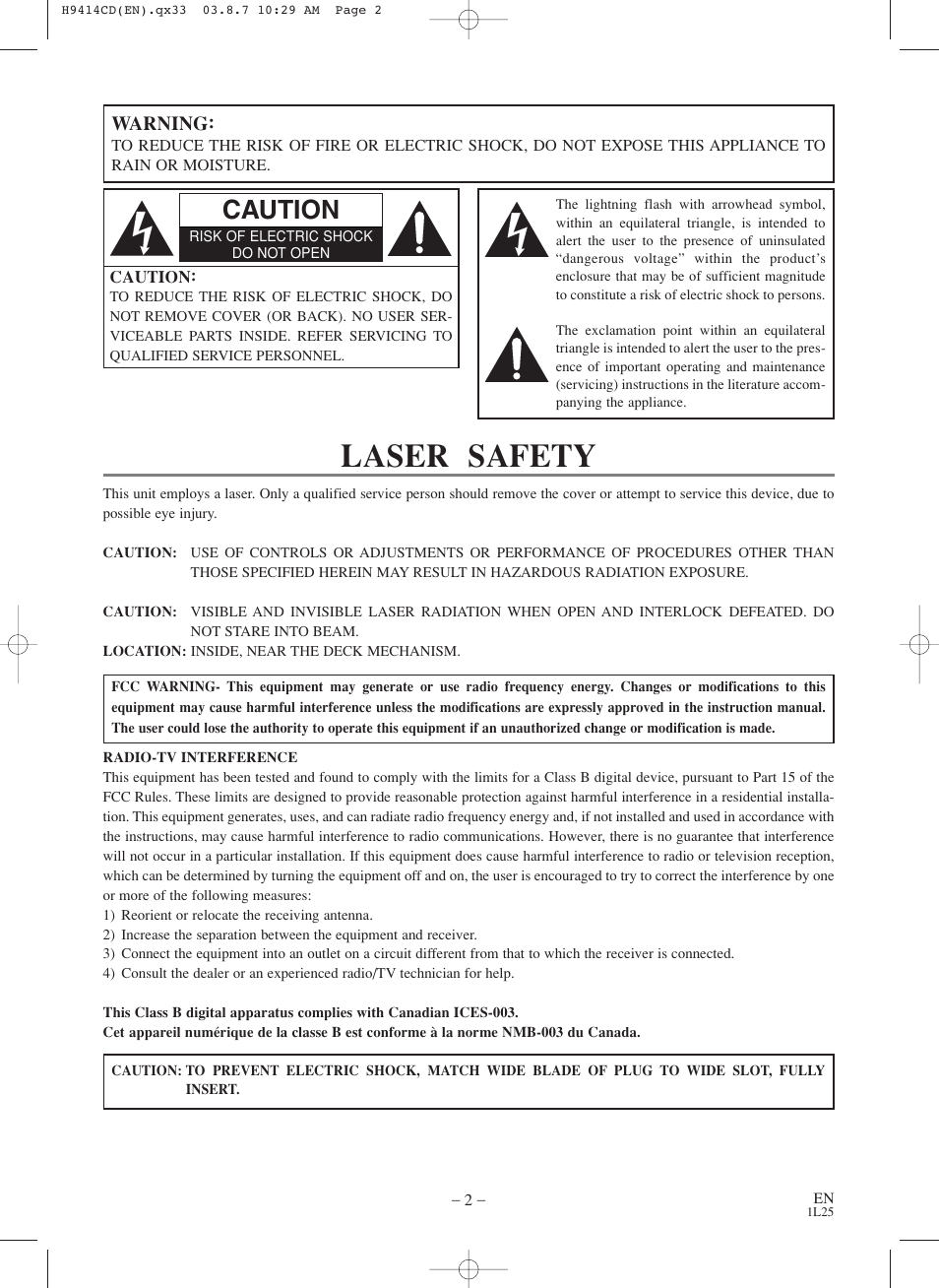 Laser safety, Caution | Symphonic CWF803 User Manual | Page 2 / 36