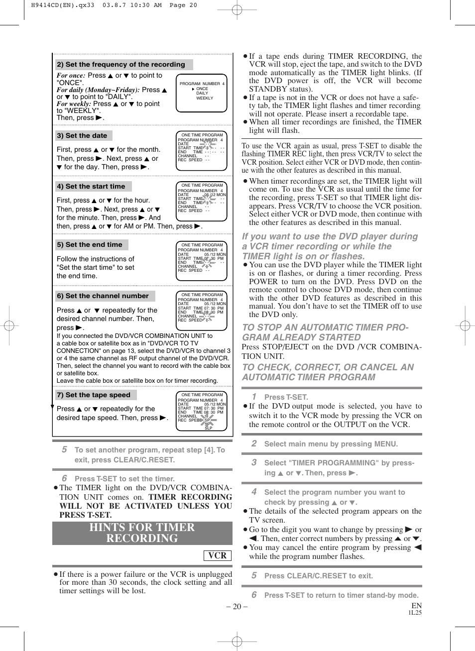 Hints for timer recording | Symphonic CWF803 User Manual | Page 20 / 36