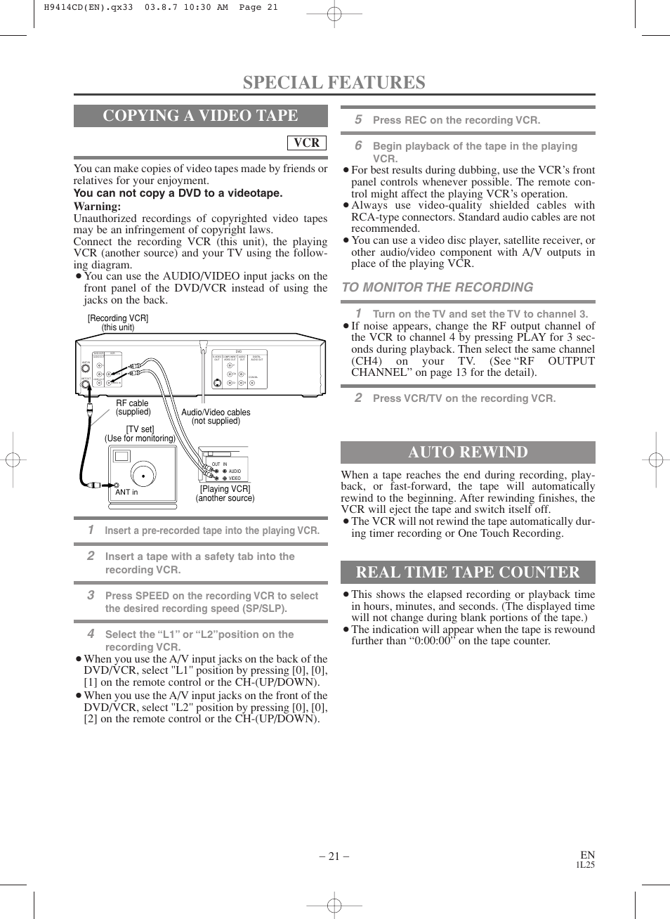 Special features, Copying a video tape, Auto rewind | Real time tape counter, You can not copy a dvd to a videotape | Symphonic CWF803 User Manual | Page 21 / 36